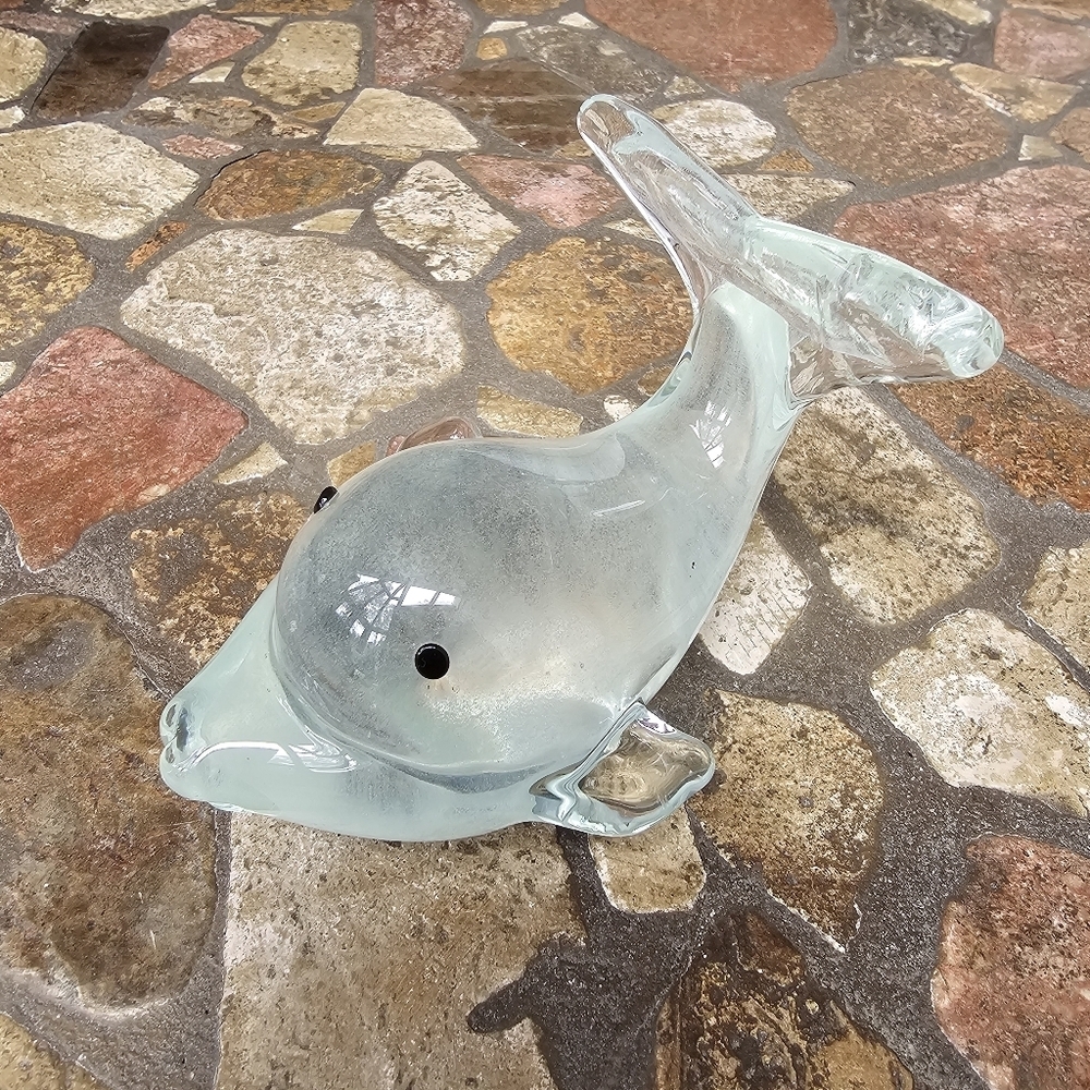 Vintage Art Glass Beluga Whale Figurine Paperweight Internal Frosted Thick Glass